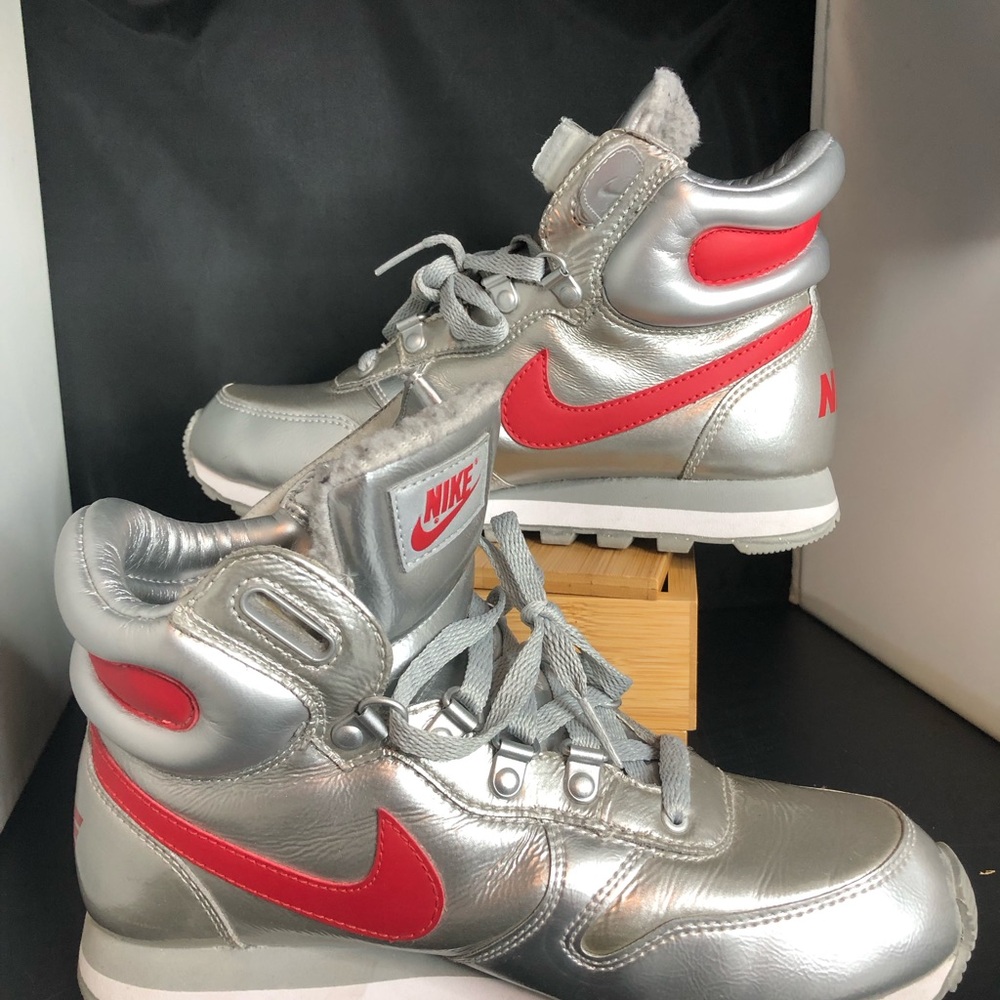 Nike Snow Waffle Metallic Silver and Red High-Top Sneakers